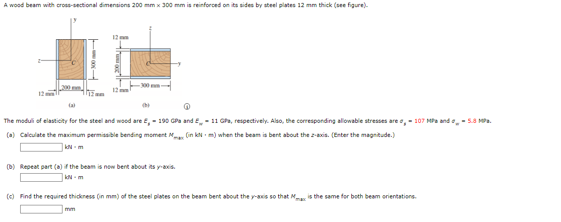 A Wood Beam With Cross Sectional Dimensions 200 Mm X 300 Mm Is Reinforced On Its Sides By Steel Plates 12 Mm Thick See 1