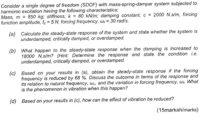 Consider A Single Degree Of Freedom Sdof With Mass Spring Damper System Subjected To Harmonic Excitation Having The Fo 1