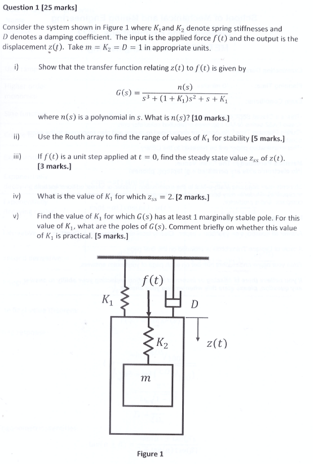 Question 1 25 Marks Consider The System Shown In Figure 1 Where K And K Denote Spring Stiffnesses And D Denotes A Da 1