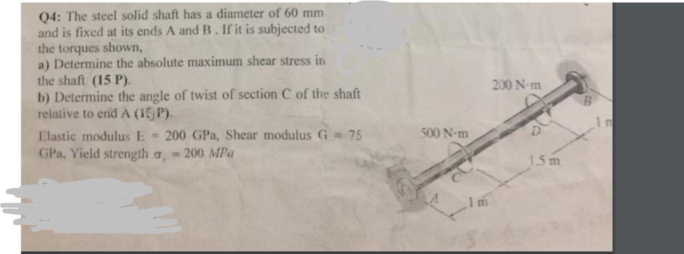 Q4 The Steel Solid Shaft Has A Diameter Of 60 Mm And Is Fixed At Its Ends A And B If It Is Subjected To The Torques Sh 1