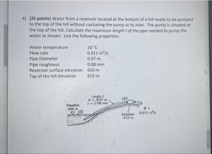 4 25 Points Water From A Reservoir Located At The Bottom Of A Hill Needs To Be Pumped To The Top Of The Hill Without 1