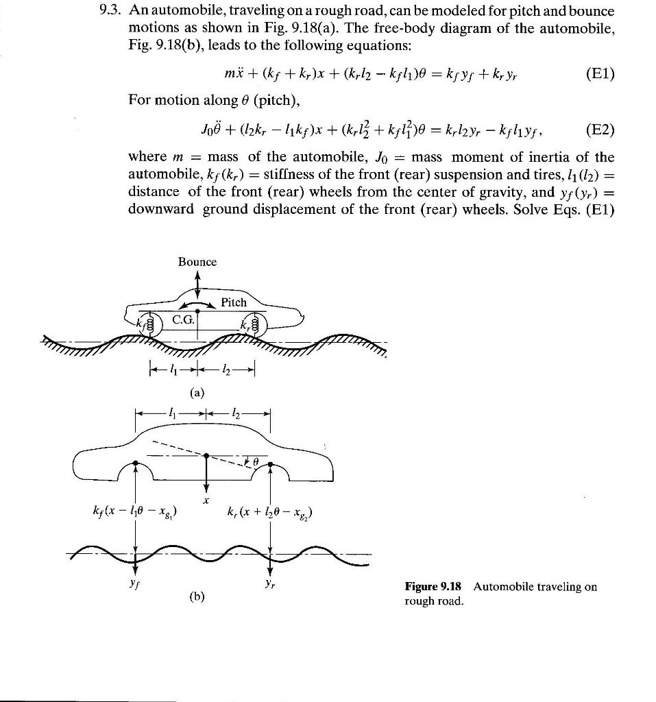 9 3 An Automobile Traveling On A Rough Road Can Be Modeled For Pitch And Bounce Motions As Shown In Fig 9 18 A The 1