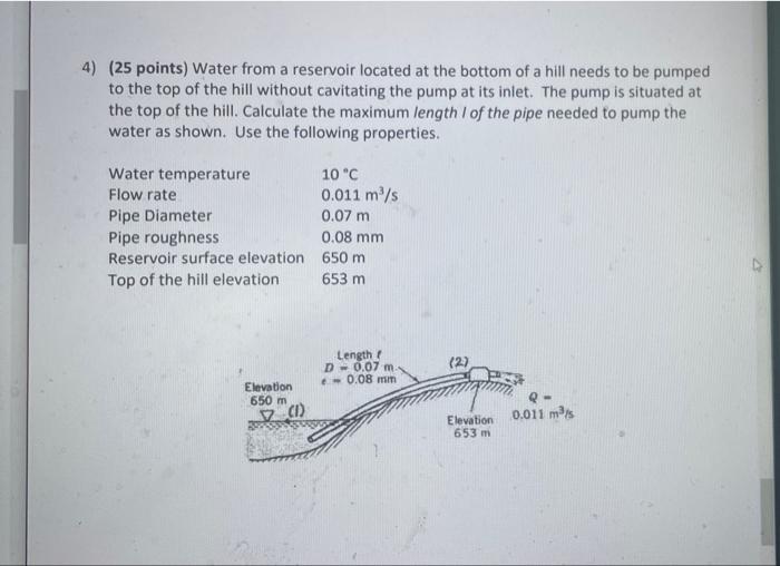 4 25 Points Water From A Reservoir Located At The Bottom Of A Hill Needs To Be Pumped To The Top Of The Hill Without 1