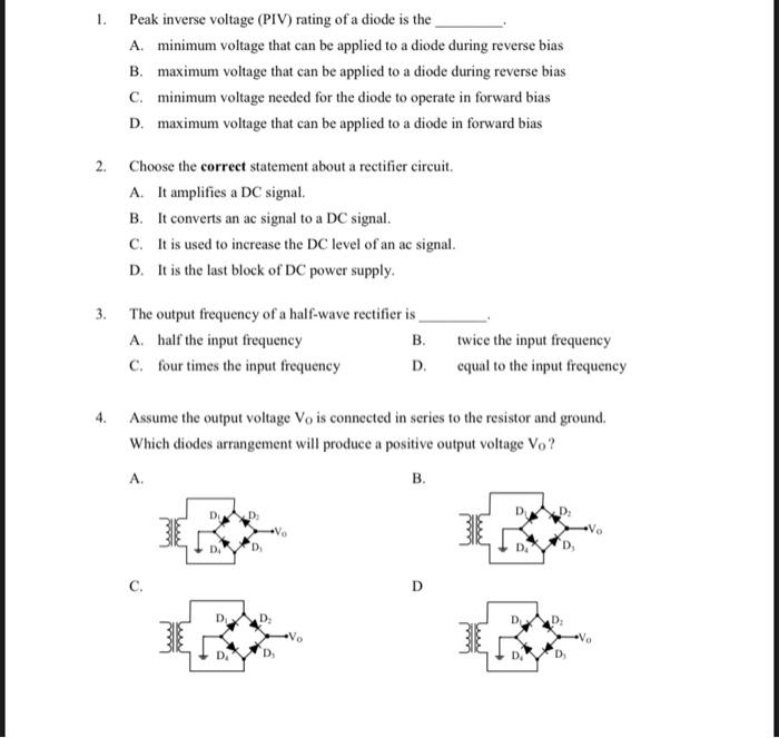 1 2 3 4 Peak Inverse Voltage Piv Rating Of A Diode Is The A Minimum Voltage That Can Be Applied To A Diode During 1