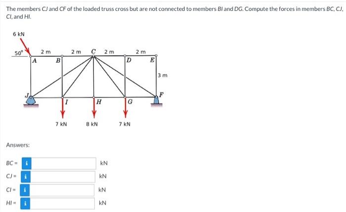 The Members Cj And Cf Of The Loaded Truss Cross But Are Not Connected To Members Bl And Dg Compute The Forces In Member 1