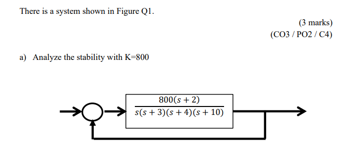 There Is A System Shown In Figure Q1 A Analyze The Stability With K 800 800 S 2 S S 3 S 4 S 10 3 Marks C 1