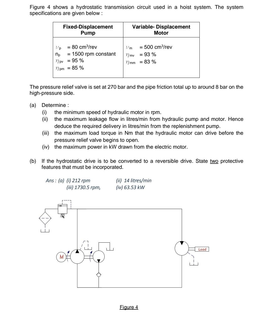 Figure 4 Shows A Hydrostatic Transmission Circuit Used In A Hoist System The System Specifications Are Given Below Fi 1