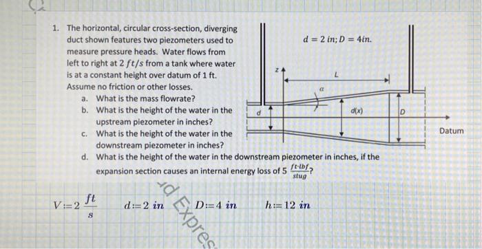 1 The Horizontal Circular Cross Section Diverging Duct Shown Features Two Piezometers Used To Measure Pressure Heads 1