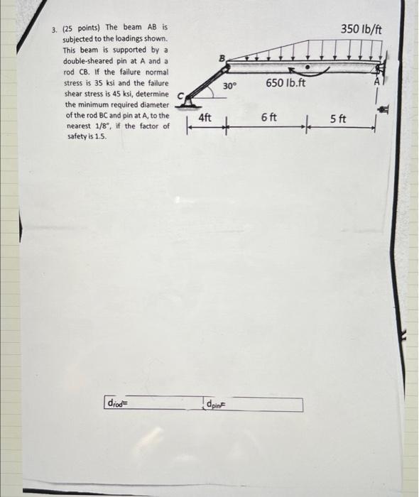 3 25 Points The Beam Ab Is Subjected To The Loadings Shown This Beam Is Supported By A Double Sheared Pin At A And A 1