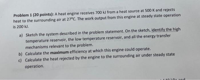 Problem 1 20 Points A Heat Engine Receives 700 Kj From A Heat Source At 500 K And Rejects Heat To The Surrounding Air 1