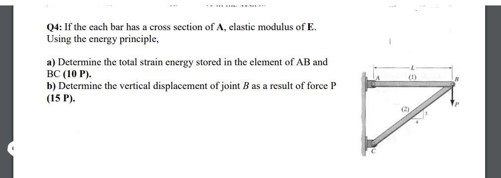 Q4 If The Each Bar Has A Cross Section Of A Elastic Modulus Of E Using The Energy Principle A Determine The Total S 1