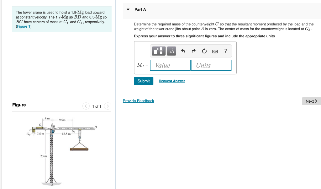 The Tower Crane Is Used To Hoist A 1 8 Mg Load Upward At Constant Velocity The 1 7 Mg Jib Bd And 0 5 Mg Jib Bc Have Cen 1