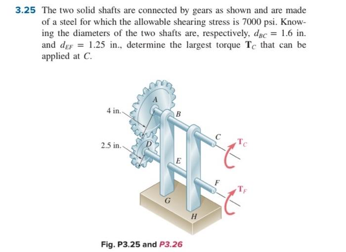 3 25 The Two Solid Shafts Are Connected By Gears As Shown And Are Made Of A Steel For Which The Allowable Shearing Stres 1