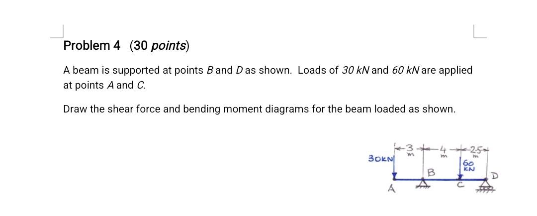 Problem 4 30 Points A Beam Is Supported At Points B And D As Shown Loads Of 30 Kn And 60 Kn Are Applied At Points A A 1