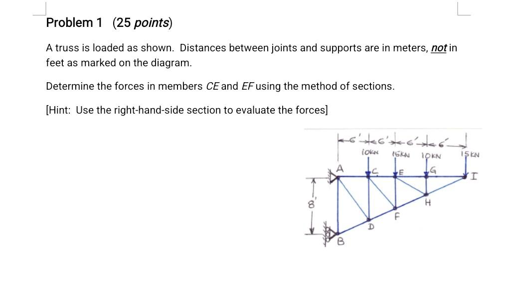 Problem 1 25 Points A Truss Is Loaded As Shown Distances Between Joints And Supports Are In Meters Not In Feet As Ma 1