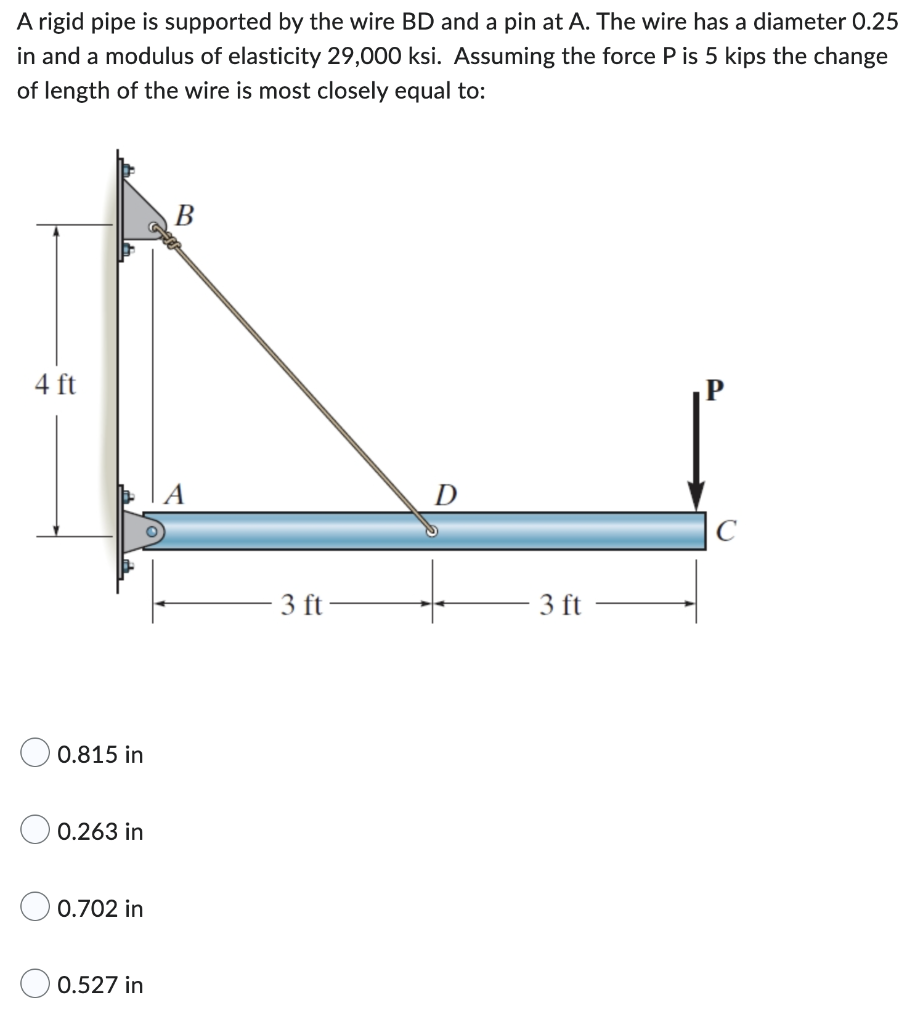 A Rigid Pipe Is Supported By The Wire Bd And A Pin At A The Wire Has A Diameter 0 25 In And A Modulus Of Elasticity 29 1