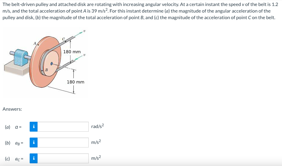 The Belt Driven Pulley And Attached Disk Are Rotating With Increasing Angular Velocity At A Certain Instant The Speed V 1