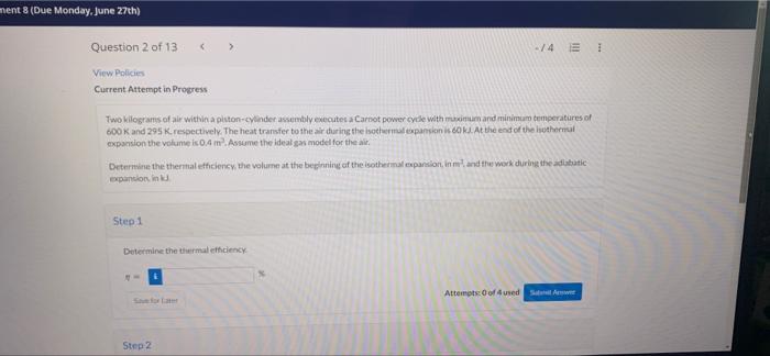 Ment 8 Due Monday June 27th Question 2 Of 13 View Policies Current Attempt In Progress Two Kilograms Of Air Within A 1
