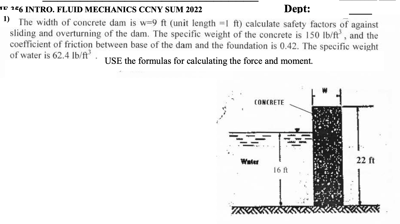 I 256 Intro Fluid Mechanics Ccny Sum 2022 Dept 1 The Width Of Concrete Dam Is W 9 Ft Unit Length 1 Ft Calculate Sa 1