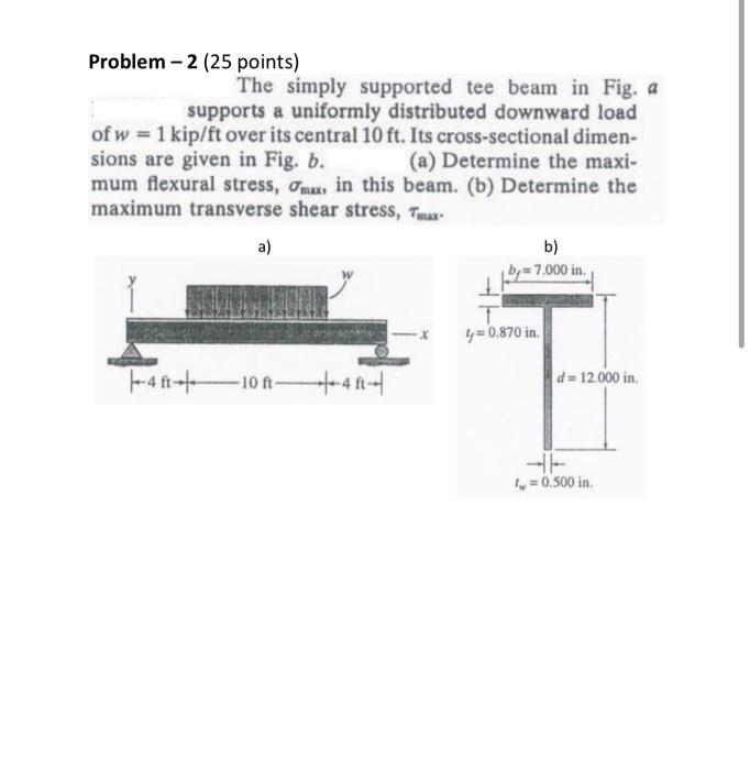 Problem 2 25 Points The Simply Supported Tee Beam In Fig A Supports A Uniformly Distributed Downward Load Of W 1 1