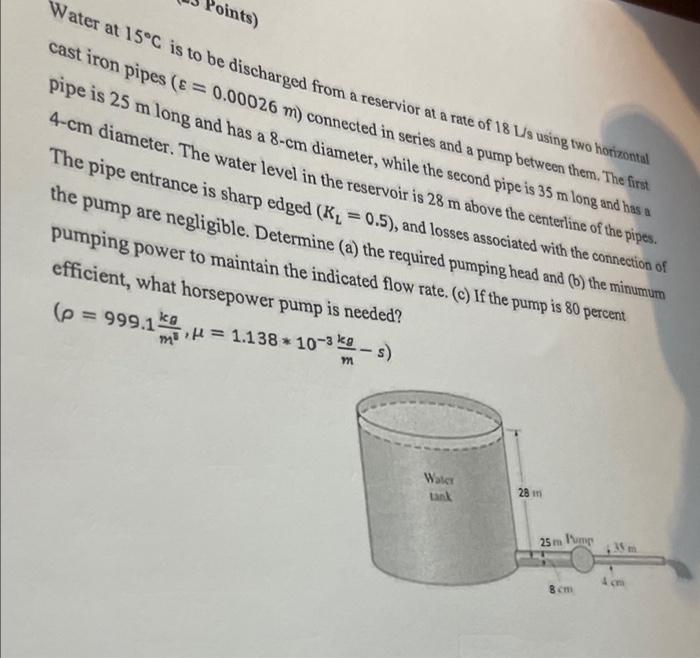 Points Water At 15 C Is To Be Discharged From A Reservior At A Rate Of 18 L S Using Two Horizontal Cast Iron Pipes 0 1