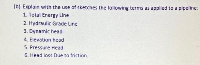 B Explain With The Use Of Sketches The Following Terms As Applied To A Pipeline 1 Total Energy Line 2 Hydraulic Gra 1