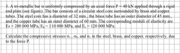 3 A Tri Metallic Bar Is Uniformly Compressed By An Axial Force P 40 Kn Applied Through A Rigid End Plate See Figure 1