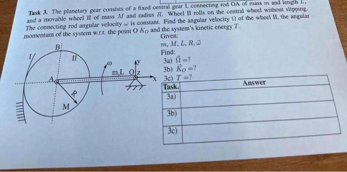 Task 3 The Planetary Gear Consists Of A Fixed Central Gear 1 Connecting Rod Oa Of Mass M And Length L And A Movable W 1