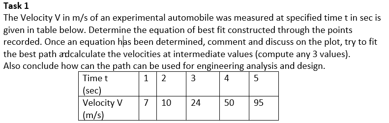 Task 1 The Velocity V In M S Of An Experimental Automobile Was Measured At Specified Time T In Sec Is Given In Table Bel 1