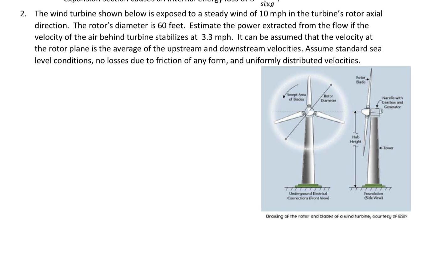 Slug 2 The Wind Turbine Shown Below Is Exposed To A Steady Wind Of 10 Mph In The Turbine S Rotor Axial Direction The R 1