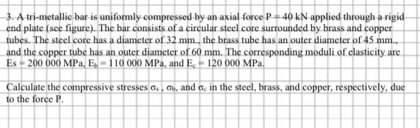 3 A Tri Metallic Bar Is Uniformly Compressed By An Axial Force P 40 Kn Applied Through A Rigid End Plate See Figure 1