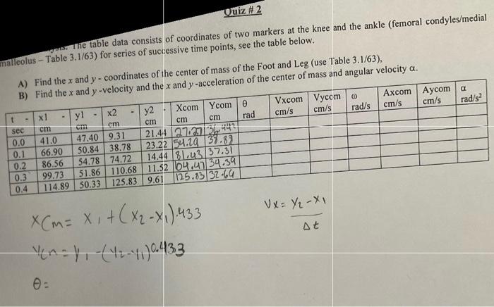 Quiz 2 The Table Data Consists Of Coordinates Of Two Markers At The Knee And The Ankle Femoral Condyles Medial Malleol 1
