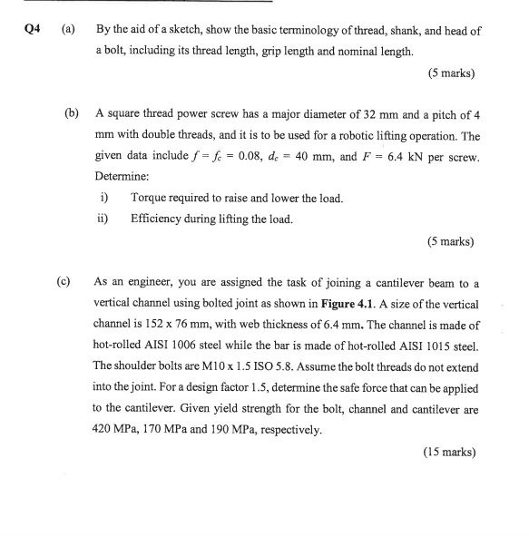 Q4 A By The Aid Of A Sketch Show The Basic Terminology Of Thread Shank And Head Of A Bolt Including Its Thread Len 1