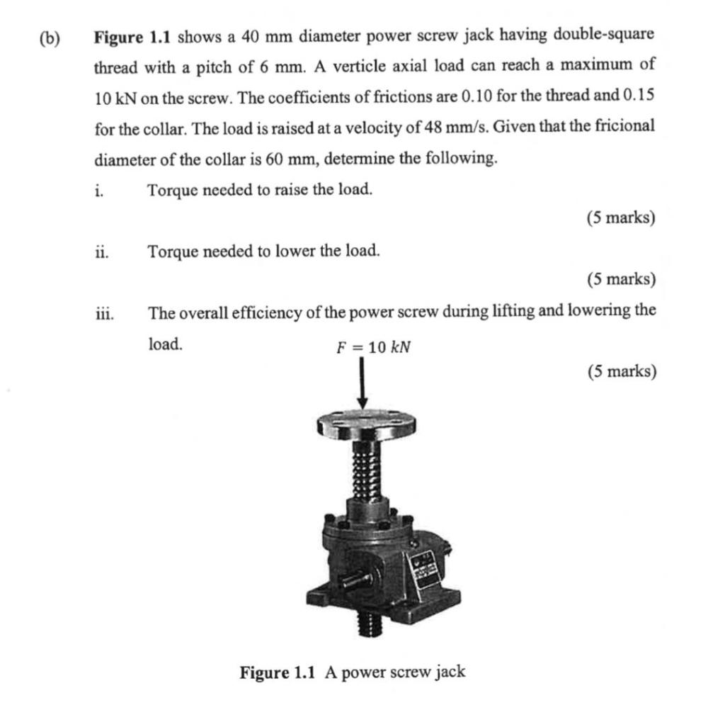 B Figure 1 1 Shows A 40 Mm Diameter Power Screw Jack Having Double Square Thread With A Pitch Of 6 Mm A Verticle Axia 1