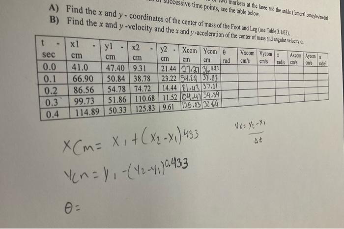 T Xl A Find The X And Y Coordinates Of The Center Of Mass Of The Foot And Leg Use Table 3 1 63 B Find The X And Y V 1