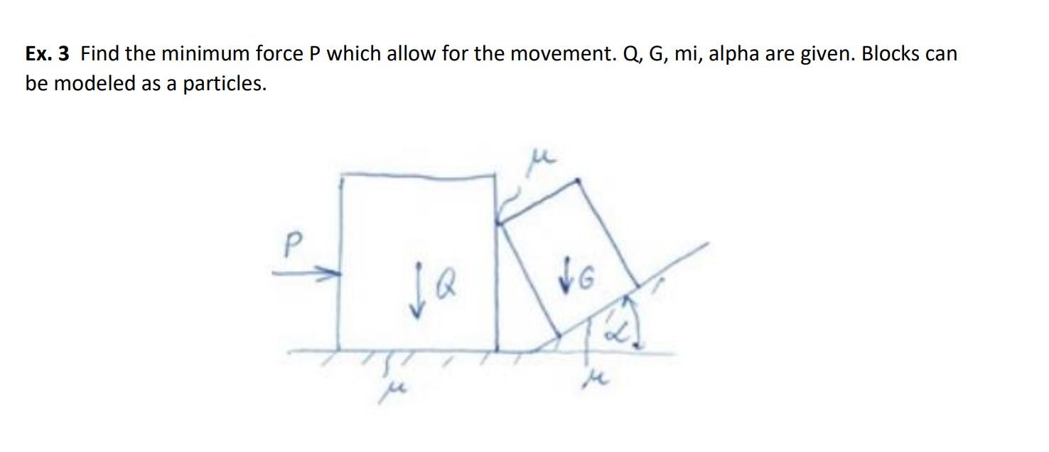 Ex 3 Find The Minimum Force P Which Allow For The Movement Q G Mi Alpha Are Given Blocks Can Be Modeled As A Parti 1
