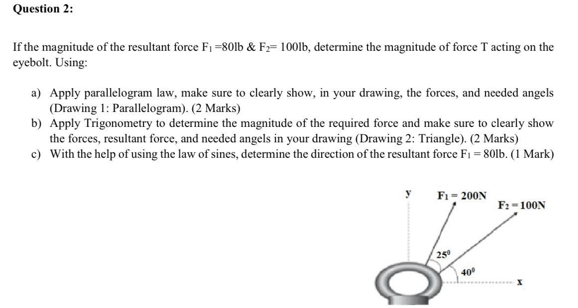 Question 2 If The Magnitude Of The Resultant Force F 80lb F2 100lb Determine The Magnitude Of Force T Acting On T 1