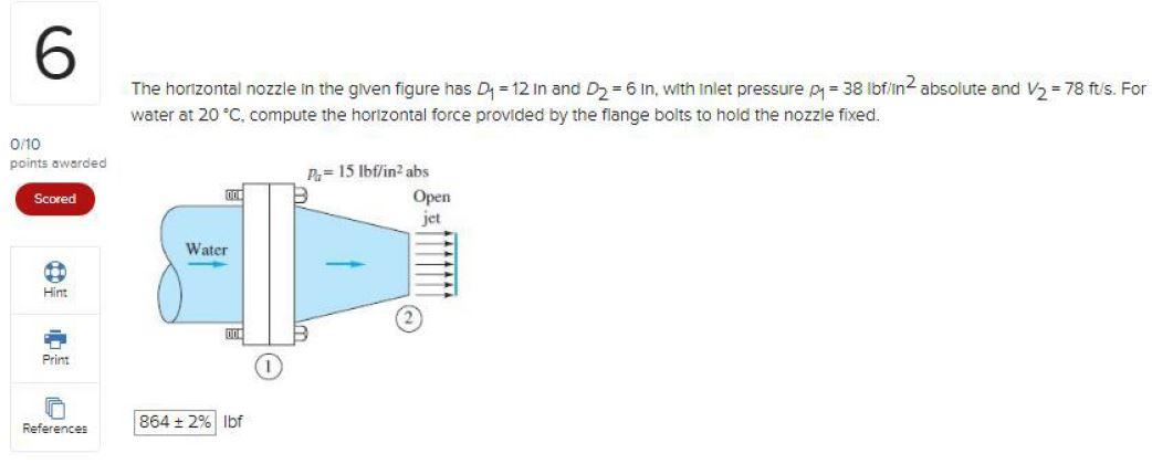 0 10 Points Awarded Scored Hint Print References The Horizontal Nozzle In The Given Figure Has D 12 In And D 6 In 1