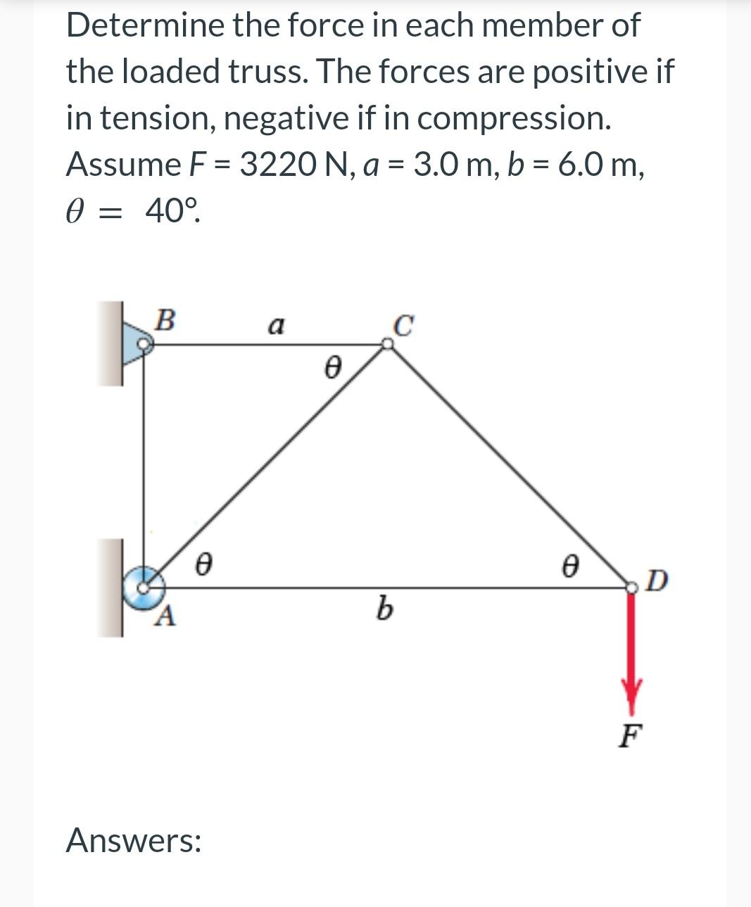 Determine The Force In Each Member Of The Loaded Truss The Forces Are Positive If In Tension Negative If In Compressio 1