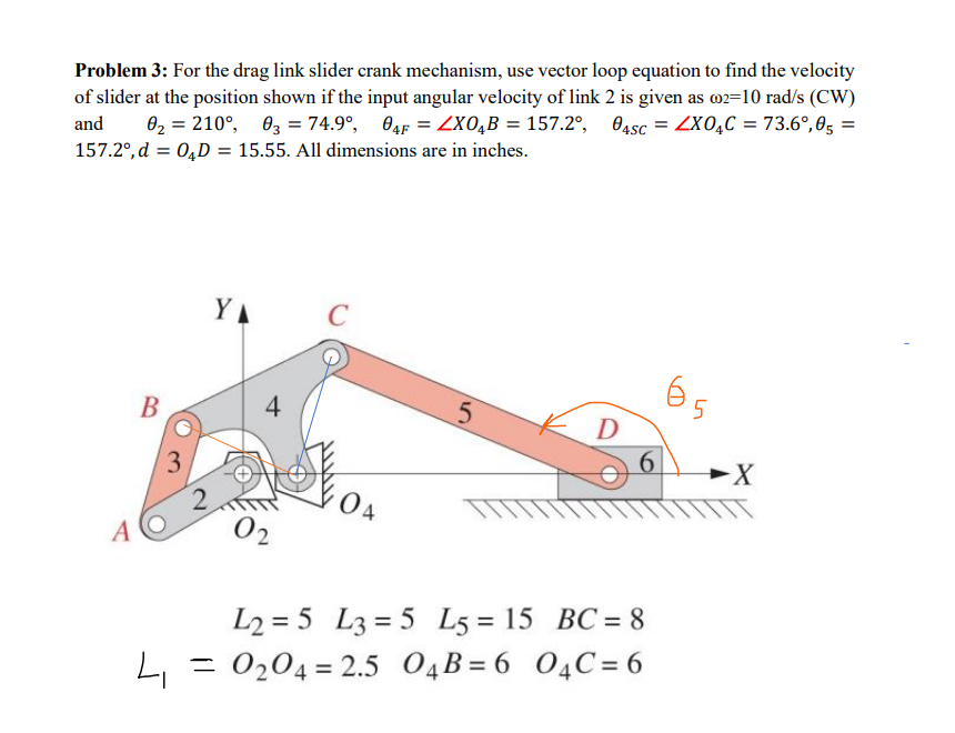 Problem 3 For The Drag Link Slider Crank Mechanism Use Vector Loop Equation To Find The Velocity Of Slider At The Posi 1