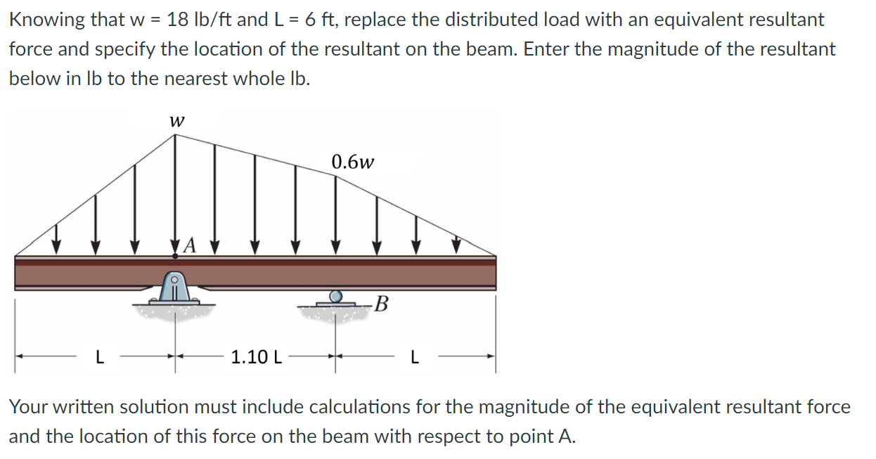Knowing That W 18 Lb Ft And L 6 Ft Replace The Distributed Load With An Equivalent Resultant Force And Specify The 1