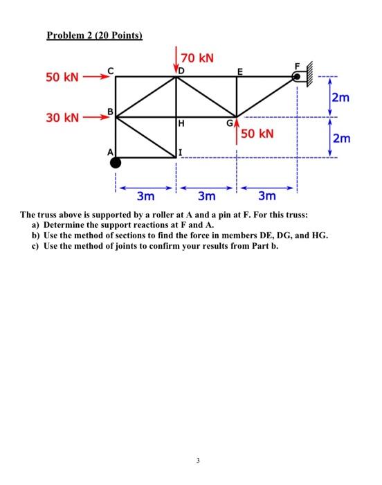 Problem 2 20 Points 50 Kn 30 Kn B 70 Kn H G 3 50 Kn 3m 3m 3m The Truss Above Is Supported By A Roller At A And A Pin A 1