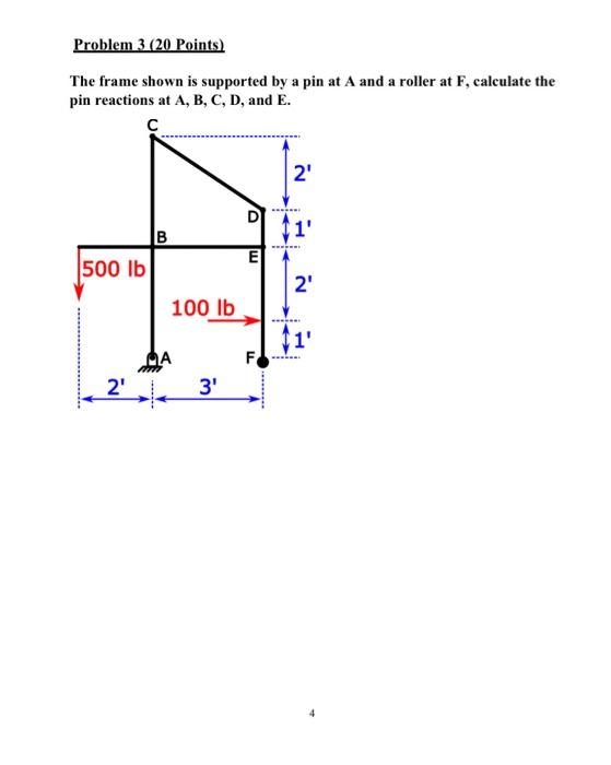 Problem 3 20 Points The Frame Shown Is Supported By A Pin At A And A Roller At F Calculate The Pin Reactions At A B 1