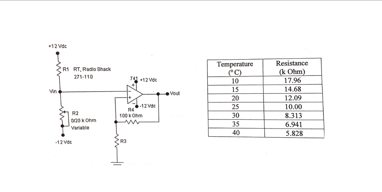 12 Vdc R1 Rt Radio Shack 271 110 741 12 Vdc Vin Vout Temperature C 10 15 20 25 30 35 40 Resistance K Ohm 17 96 1