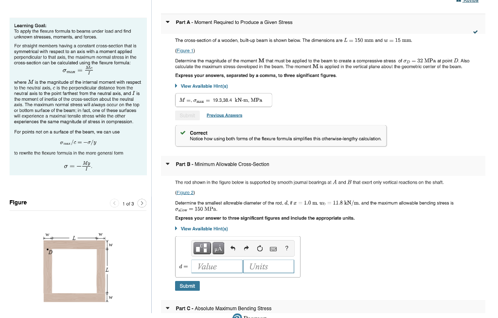 Learning Goal To Apply The Flexure Formula To Beams Under Load And Find Unknown Stresses Moments And Forces For Stra 1