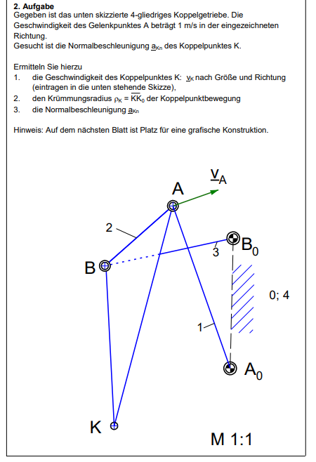 2 Aufgabe Gegeben Ist Das Unten Skizzierte 4 Gliedriges Koppelgetriebe Die Geschwindigkeit Des Gelenkpunktes A Betragt 1