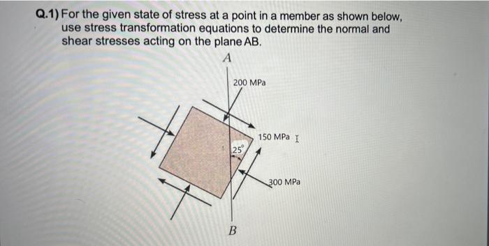 Q 1 For The Given State Of Stress At A Point In A Member As Shown Below Use Stress Transformation Equations To Determi 1