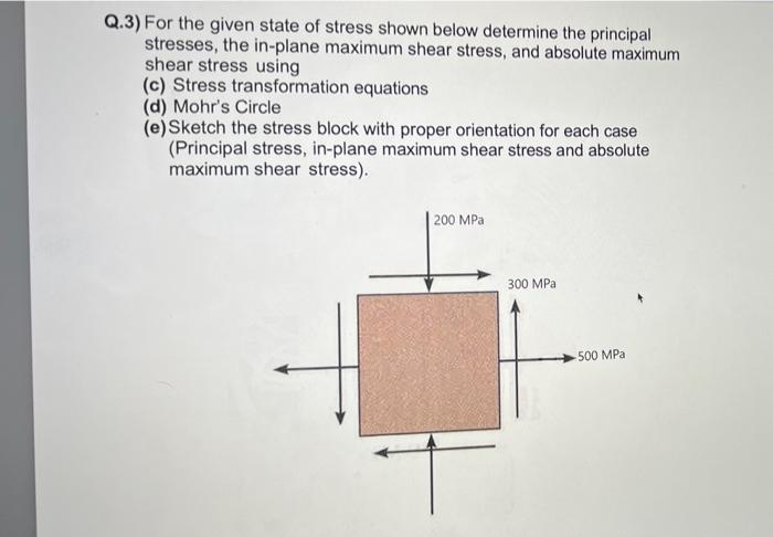 Q 3 For The Given State Of Stress Shown Below Determine The Principal Stresses The In Plane Maximum Shear Stress And 1