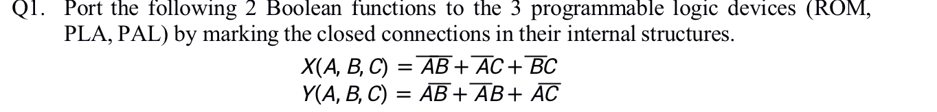 Q1 Port The Following 2 Boolean Functions To The 3 Programmable Logic Devices Rom Pla Pal By Marking The Closed Con 1