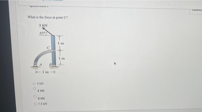 Question What Is The Force At Point C 3 Kn 45 O Tima 3 Kn 4 Kn B 6 Kn O 7 5 Kn 1 M 1m S Points 1